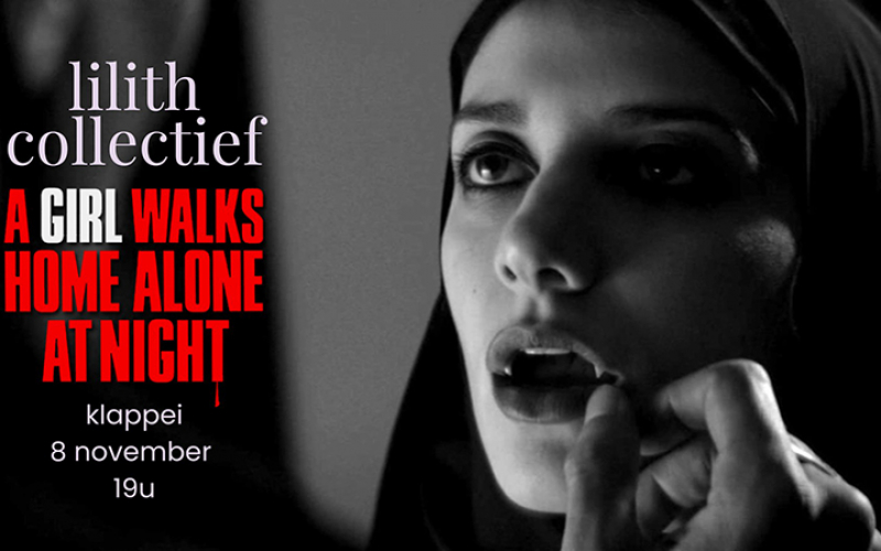 Still uit de film "A girl walks home alone at night" met de tekst "klappei, 8 november, 19u"